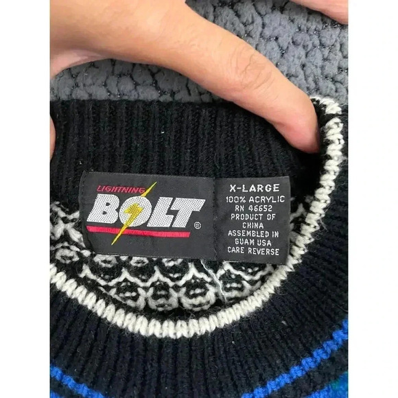 VTG Knit Pullover Sweater XL Crew Neck Blue White Kitsch 1990s Lightning Bolt - Picture 3 of 8